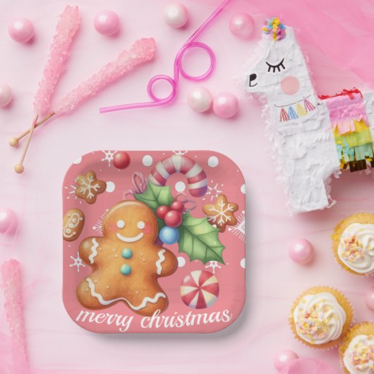 Gingerbrot Weihnachten Peppermint Blauer Name Rosa Pappteller (Party)
