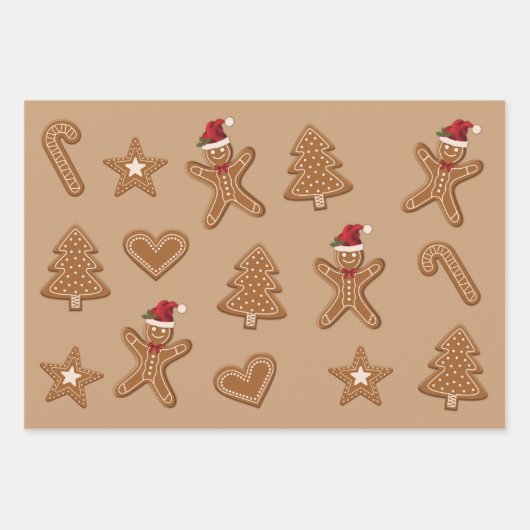 Gingerbrot Weihnachtskeksformen auf Braun Geschenkpapier Set (Vorderseite 3)