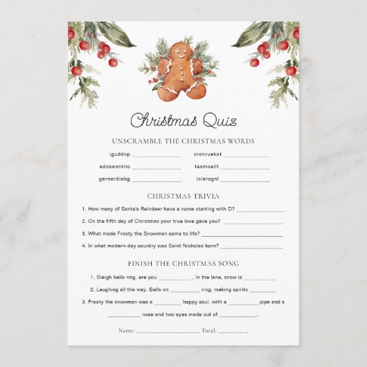 Gingerbrot Weihnachtsmenü & Quiz Menükarte (Rückseite)