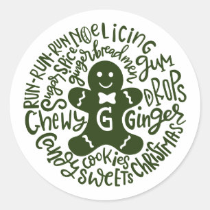 Gingerman Christmas Winter Candy Typografie GREEN Runder Aufkleber