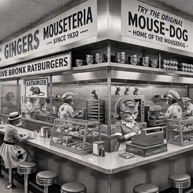 Gingers NYC Mouseteria, Heimat des Mousedog.  Napf (An institution on Broadway.)
