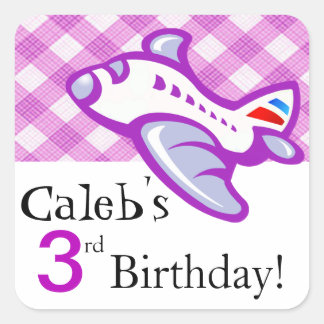 Gingham Airplane Birthday Party Gefallen | Lila Quadratischer Aufkleber