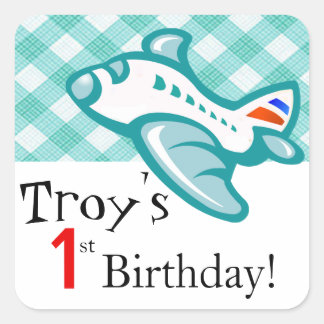 Gingham Airplane Birthday Party Gefallen | Minzaqu Quadratischer Aufkleber