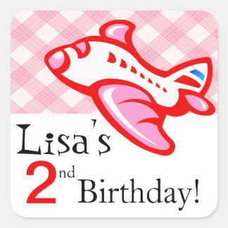 Gingham Airplane Birthday Party Gefallen | rosa ro Quadratischer Aufkleber
