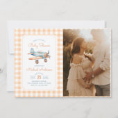 Gingham Airplane Boy Baby Shower Foto Einladung (Vorderseite)