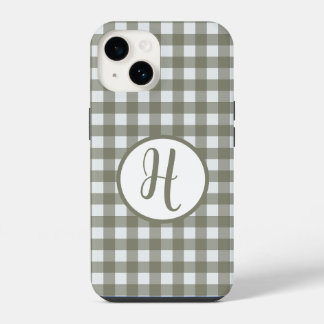 Gingham-Anfangsmonogramm Kreis Salbeigrün Karos iPhone 14 Hülle