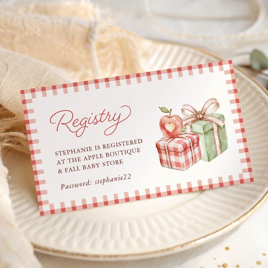 Gingham-Apfel-Baby-Shower-Geschenkeliste Karte
