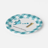 Gingham, Aquamarin Blue Fish & Balloon 1. Geburtst Pappteller (Schrägansicht)