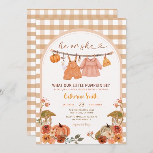 Gingham ArchPumpkin Gender Reveal Herbst Herbst Einladung (Vorne/Hinten)
