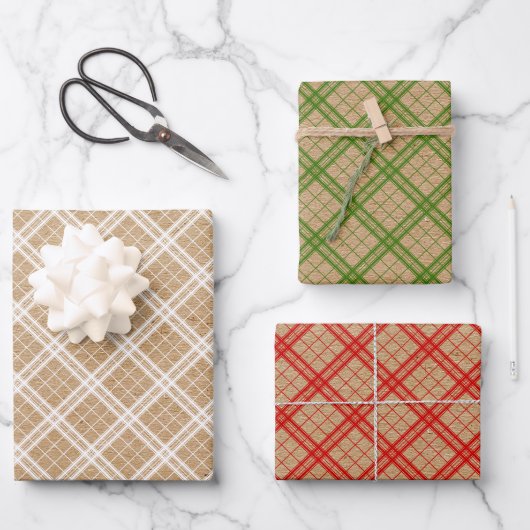 Gingham auf Kraft-Rot-Rot Geschenkpapier Set (Vorderseite)