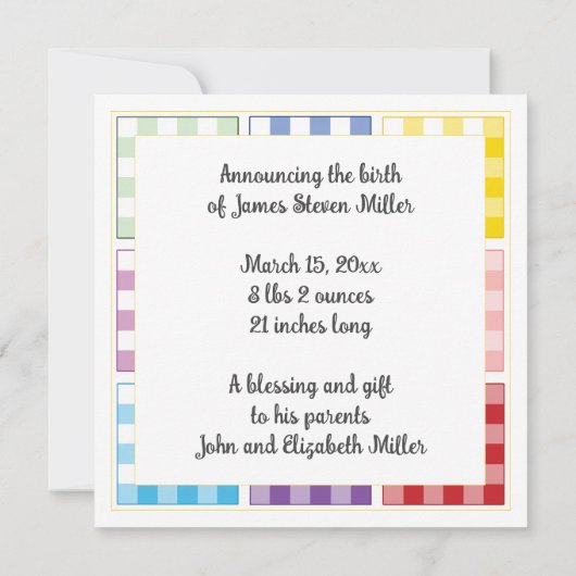 Gingham Baby Birth Ankündigung Faith basiert (Rückseite)