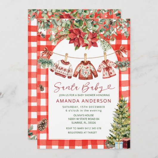 Gingham Baby Christmas Clotheslin Baby Shower Einladung (Vorne/Hinten)