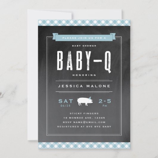 Gingham Baby GRILLEN Blue Baby Shower Einladung (Vorderseite)