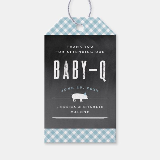 Gingham Baby GRILLEN Blue Baby Shower Geschenkanhänger (Vorderseite)