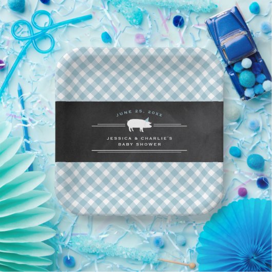 Gingham Baby GRILLEN Blue Co-ed Baby Shower Pappteller (Party)