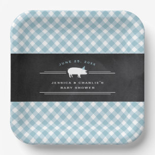 Gingham Baby GRILLEN Blue Co-ed Baby Shower Pappteller