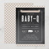Gingham Baby GRILLEN Neutral Khaki Baby Shower Einladung (Vorne/Hinten)