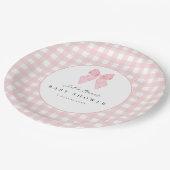 Gingham-Baby-Shower-Papierplatten mit rosa Schleif Pappteller (Schrägansicht)