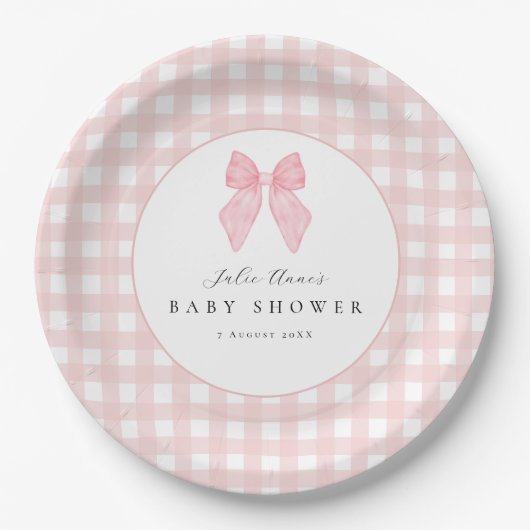 Gingham-Baby-Shower-Papierplatten mit rosa Schleif Pappteller (Vorderseite)