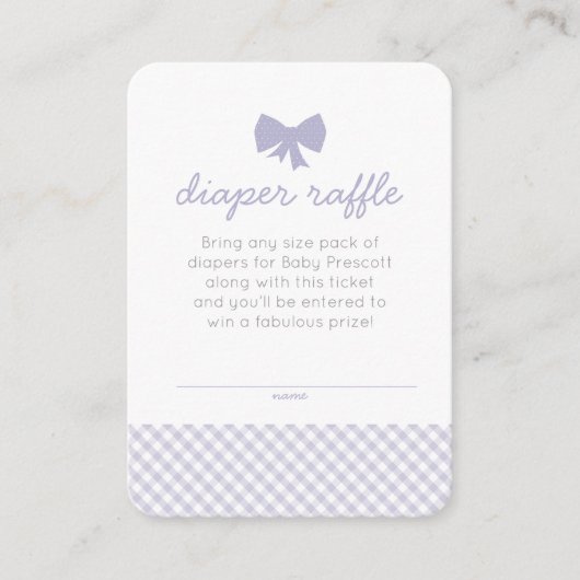 Gingham Babydusche lila Windel Gewinnspiel Begleitkarte (Vorderseite)