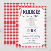 Gingham Baseball 1. Geburtstag Einladung (Vorne/Hinten)