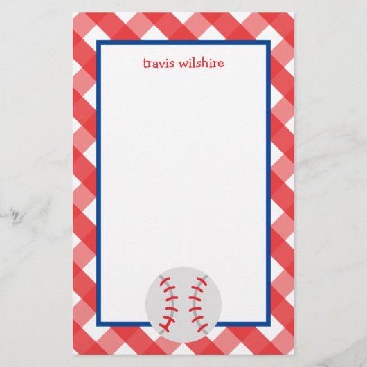 Gingham Baseball Personalisiert Stationery (Vorderseite)