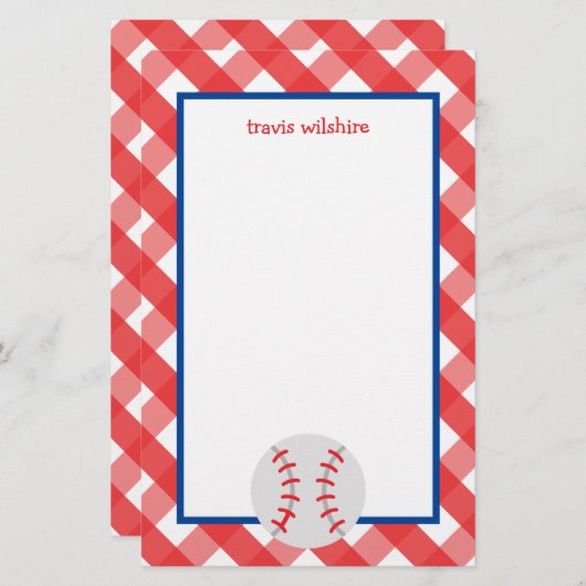 Gingham Baseball Personalisiert Stationery (Vorne/Hinten)