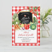 Gingham Bauernmarkt Geschlecht Erste Geburtstag Einladung (Stehend Vorderseite)