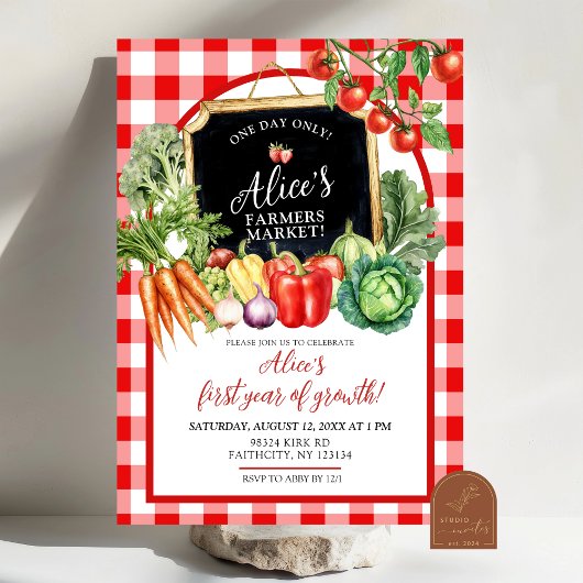 Gingham Bauernmarkt Geschlecht Erste Geburtstag Einladung