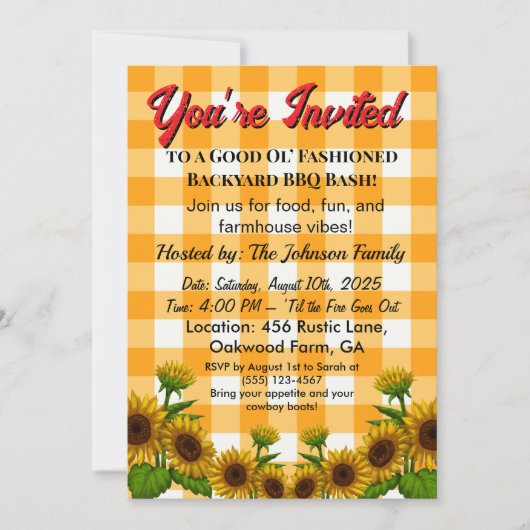 Gingham BBQ Invite Barn Style Backyard Party   Einladung (Vorderseite)