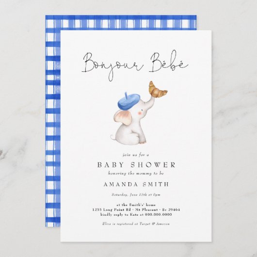 Gingham Bebe French Elephant Baby Boy Shower Einladung (Vorne/Hinten)