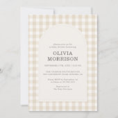 Gingham Beige Gender Neutral Photo Baby Shower Einladung (Vorderseite)