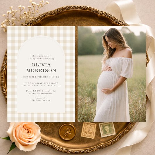 Gingham Beige Gender Neutral Photo Baby Shower Einladung