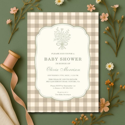 Gingham Beige Ivory Floral Bow Baby Shower Einladung