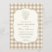 Gingham Beige Ivory Floral Bow Baby Shower Einladung (Vorderseite)