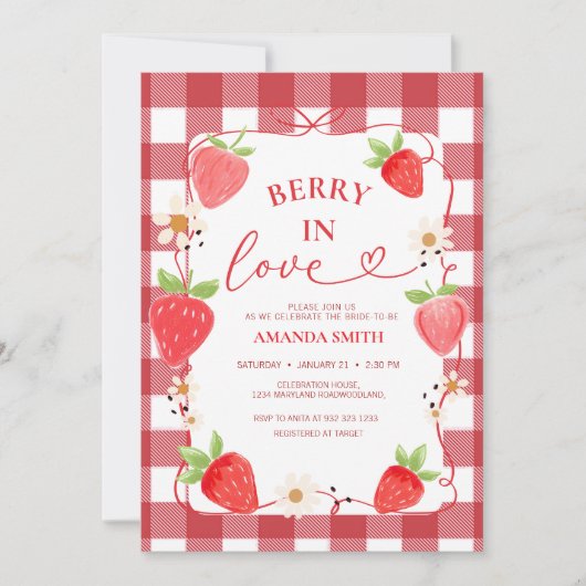 Gingham Berry In Love Red Bow Bridal Shower Einladung (Vorderseite)
