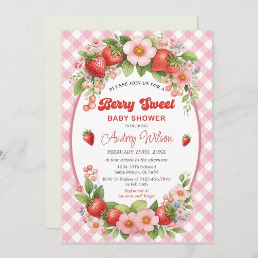 Gingham Berry Sweet Baby Shower Einladung (Vorne/Hinten)