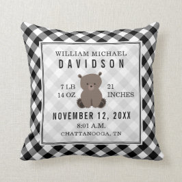Gingham Black + White Bear Baby Boy Birth Stats Kissen
