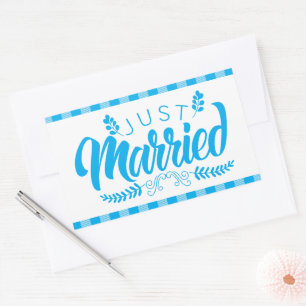 Gingham Blau Karo Land Hochzeit Rechteckiger Aufkleber