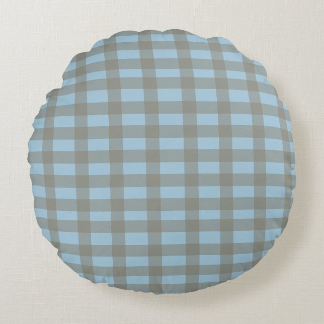Gingham Blau  Rundes Kissen (Vorderseite)