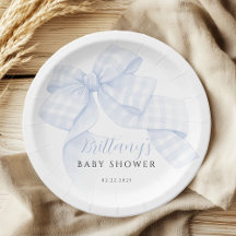 Gingham Blaues Schleifen-Baby-Shower-Papier-Teller