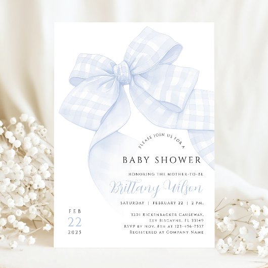 Gingham Blue Bow Baby Shower Einladung