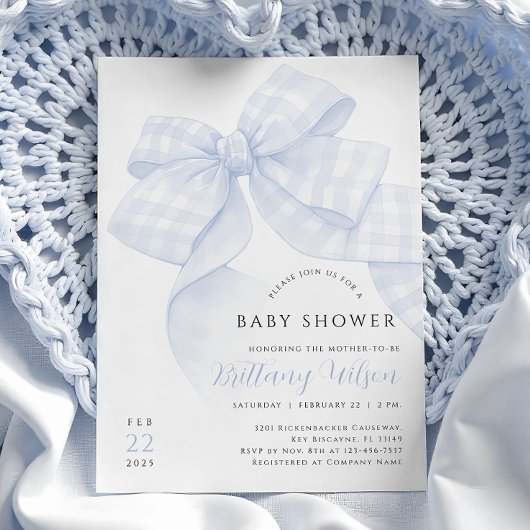 Gingham Blue Bow Baby Shower Einladung