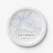 Gingham Blue Bow Baby Shower Paper Plates Pappteller (Vorderseite)