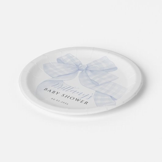 Gingham Blue Bow Baby Shower Paper Plates Pappteller (Schrägansicht)