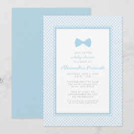 Gingham Blue-Bow-Krawatte-Babydusche Einladung