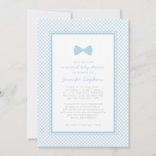 Gingham Blue Bow Krawatte Virtual Baby Dusche Einladung (Vorderseite)