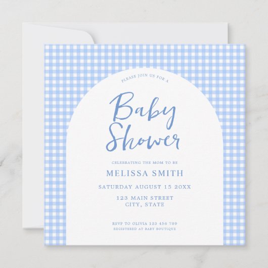 Gingham Blue Checkered Kariert Baby Dusche Einladung (Vorderseite)