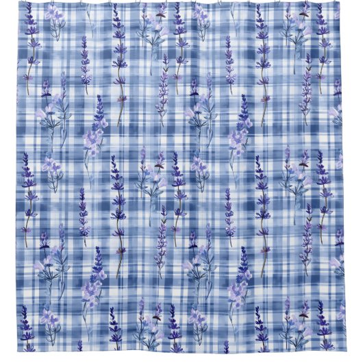 Gingham Blue Kariert Lavender Duschvorhang (Vorderseite)