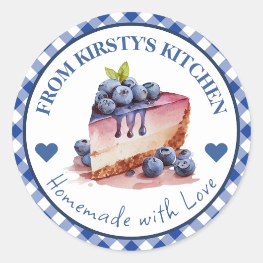Gingham Blueberry Cake Label Runder Aufkleber (Vorderseite)